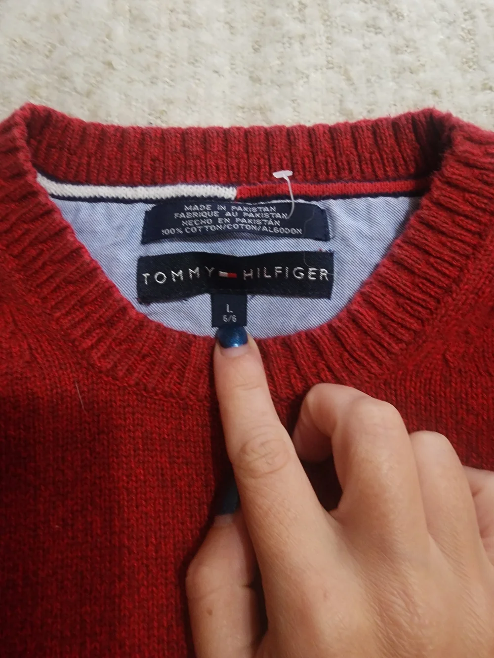 Vintage Tommy Hilfiger Cotton Red Ribbed Knit Oversized Pullover Sweater Logo Lg